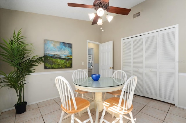 dining room featuring light tile patterned floors, visible vents, and ceiling fan