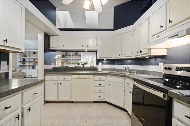 kitchen with a sink, under cabinet range hood, stainless steel range with electric cooktop, white dishwasher, and light tile patterned floors