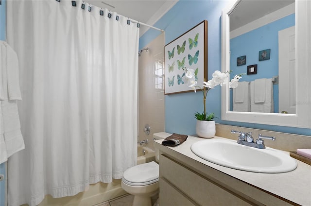 bathroom featuring vanity, tile patterned floors, toilet, and shower / bath combo with shower curtain