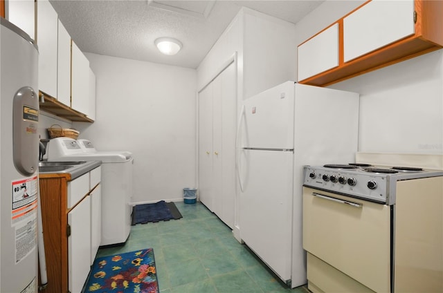 kitchen featuring white electric range, a textured ceiling, white cabinets, and water heater