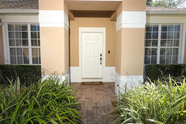 doorway to property featuring stucco siding and a shingled roof