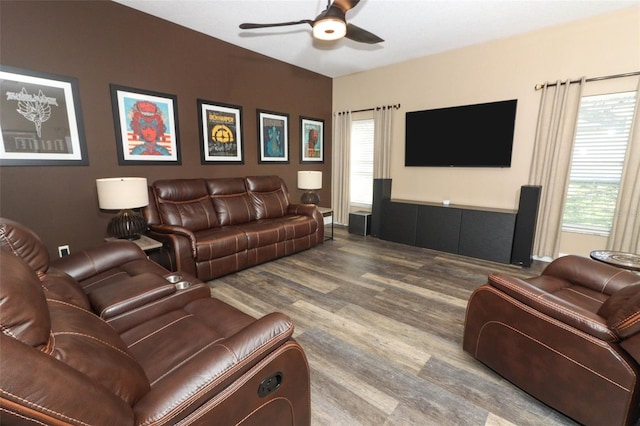 living area featuring ceiling fan and wood finished floors