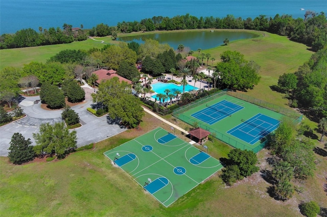 birds eye view of property featuring a water view