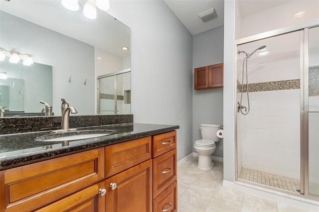 full bathroom with tile patterned flooring, visible vents, toilet, a stall shower, and vanity