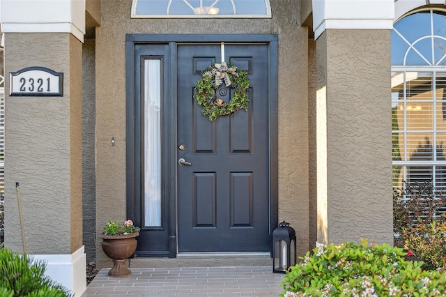 view of exterior entry with stucco siding