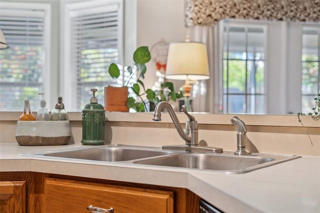 details featuring light countertops, brown cabinets, and a sink