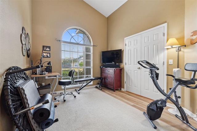 workout area with baseboards, high vaulted ceiling, and wood finished floors