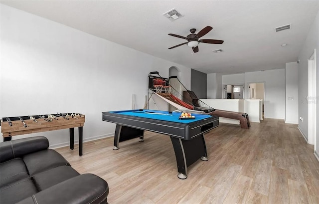 recreation room featuring visible vents, a ceiling fan, light wood-style flooring, and pool table