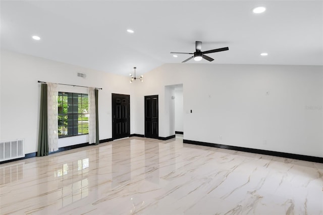 unfurnished room featuring visible vents, baseboards, and vaulted ceiling