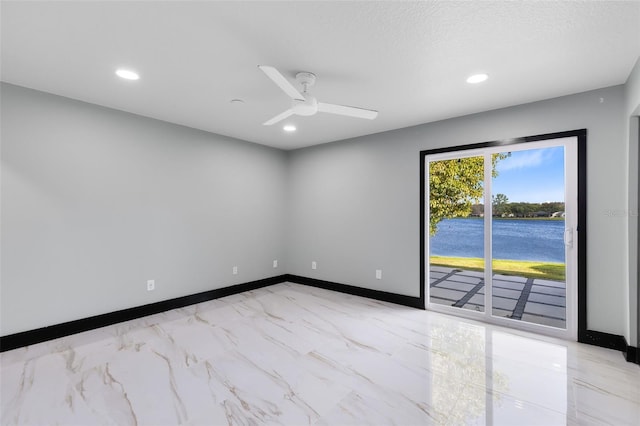 unfurnished room featuring recessed lighting, baseboards, and a ceiling fan