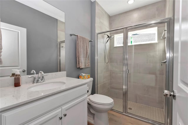 bathroom featuring vanity, toilet, and a stall shower