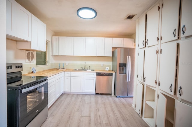 kitchen featuring backsplash, light wood-type flooring, white cabinets, stainless steel appliances, and a sink