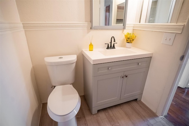 bathroom featuring vanity, toilet, and wood finished floors