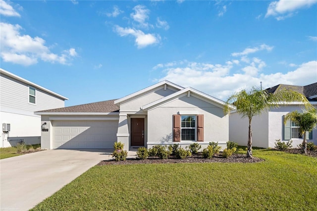 view of front of home featuring stucco siding, a front lawn, concrete driveway, and an attached garage