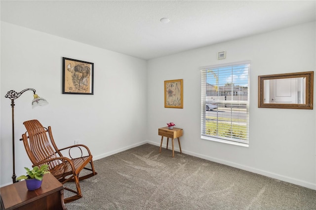 living area featuring baseboards and carpet flooring