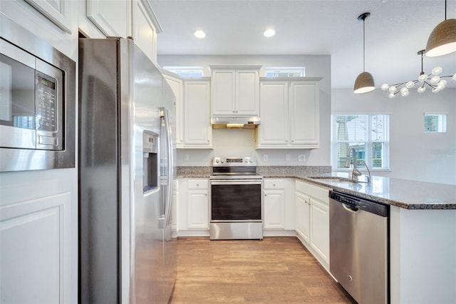 kitchen featuring light wood-type flooring, a sink, under cabinet range hood, stainless steel appliances, and a peninsula