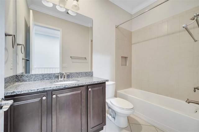 bathroom with tile patterned flooring, toilet, shower / tub combination, ornamental molding, and vanity