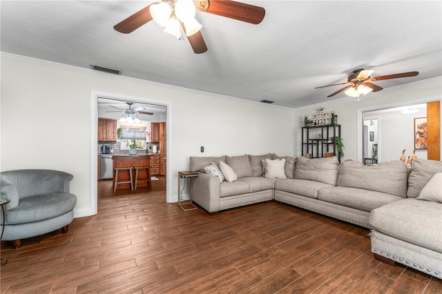 living room featuring ceiling fan and dark wood finished floors