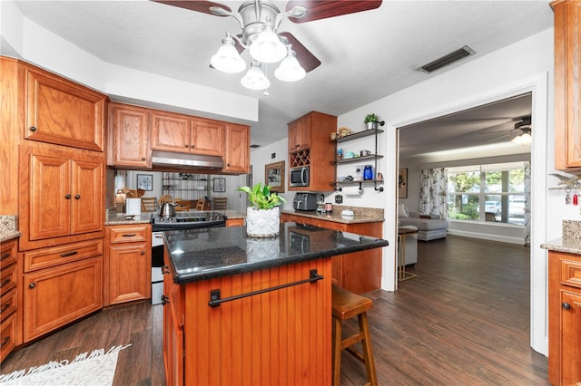 kitchen with stainless steel appliances, visible vents, under cabinet range hood, and ceiling fan