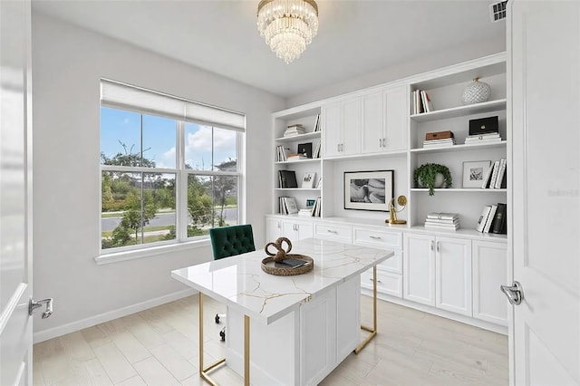 kitchen with open shelves, visible vents, a chandelier, and white cabinets