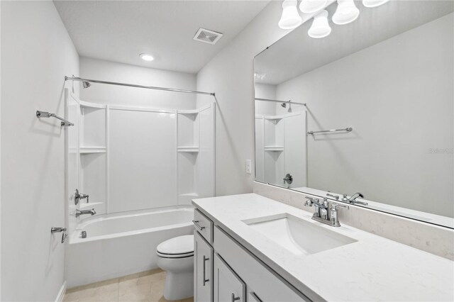 full bath featuring tile patterned flooring, visible vents, toilet, shower / bathing tub combination, and vanity