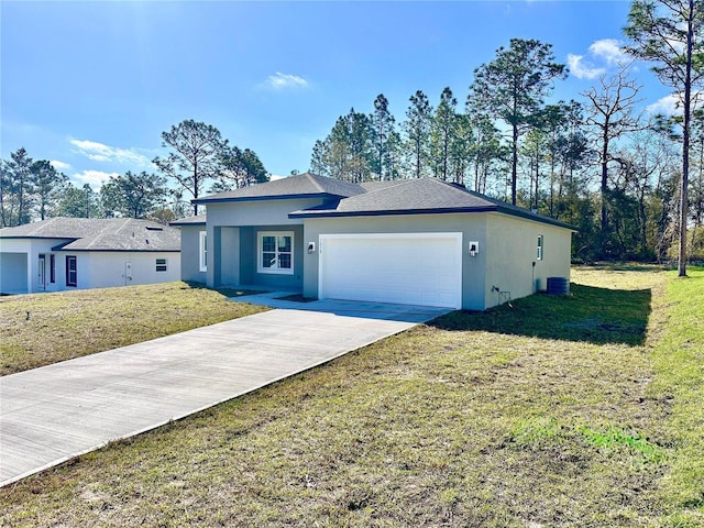 ranch-style home featuring a garage, concrete driveway, a front lawn, and stucco siding