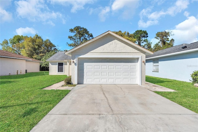 ranch-style home with a front yard, an attached garage, driveway, and stucco siding