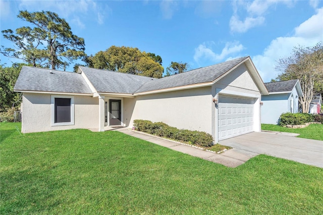 ranch-style home with a garage, concrete driveway, a front yard, and stucco siding