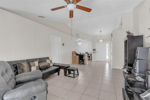 living room with light tile patterned flooring, visible vents, a ceiling fan, and lofted ceiling