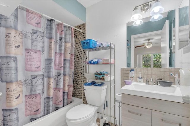 full bath featuring vanity, a ceiling fan, shower / bath combination with curtain, toilet, and backsplash