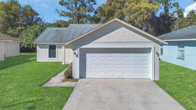 single story home with stucco siding, driveway, a front lawn, a shingled roof, and a garage