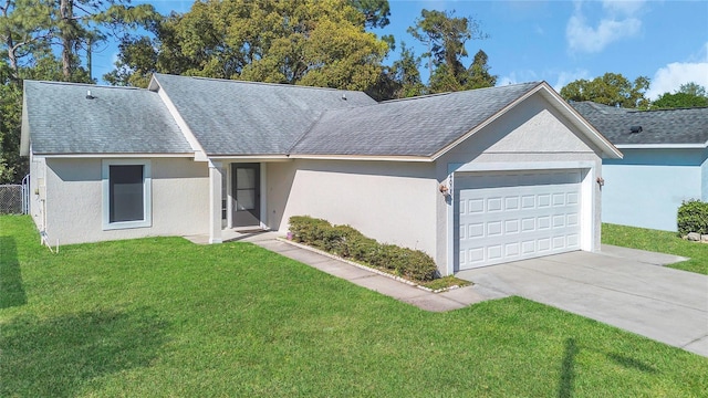 ranch-style house with a front lawn, a garage, driveway, and stucco siding