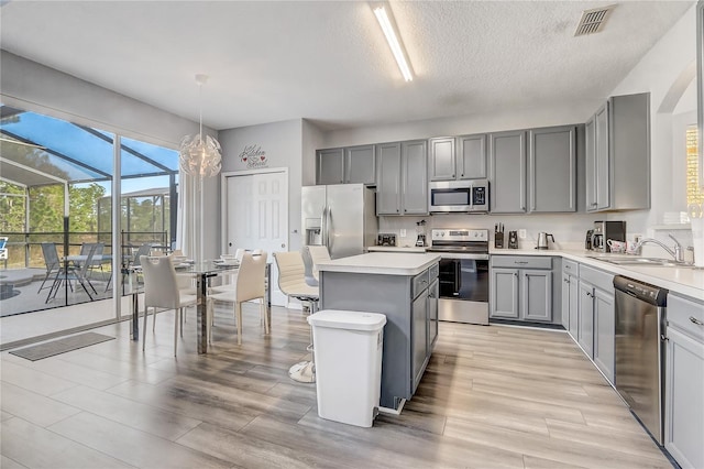 1028 Orange Cosmos Blvd, Davenport, FL 33837 - kitchen with appliances with stainless steel finishes, gray cabinetry, a kitchen island, light countertops, and plenty of natural light