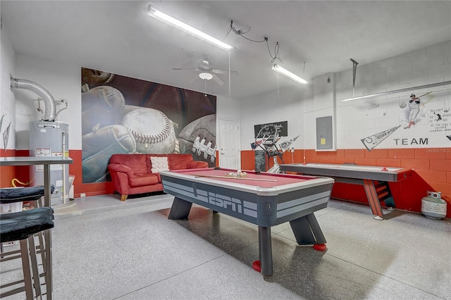 1028 Orange Cosmos Blvd, Davenport, FL 33837 - game room featuring water heater, electric panel, ceiling fan, and speckle patterned floor