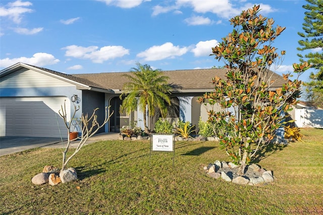 ranch-style house featuring concrete driveway, an attached garage, a front yard, and stucco siding