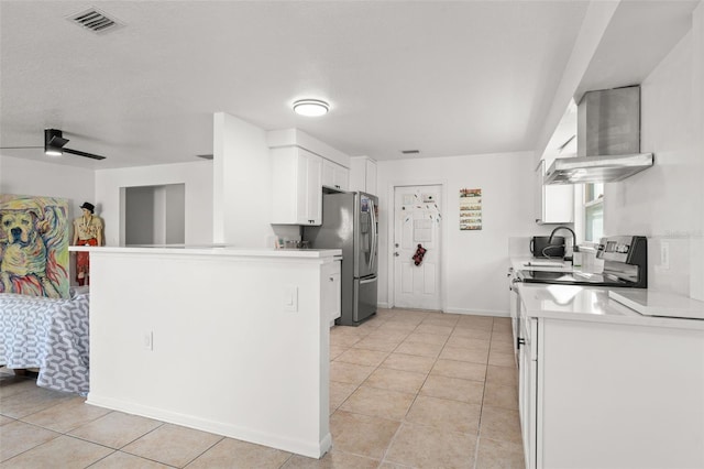 kitchen featuring visible vents, stainless steel refrigerator with ice dispenser, light tile patterned flooring, white cabinets, and light countertops