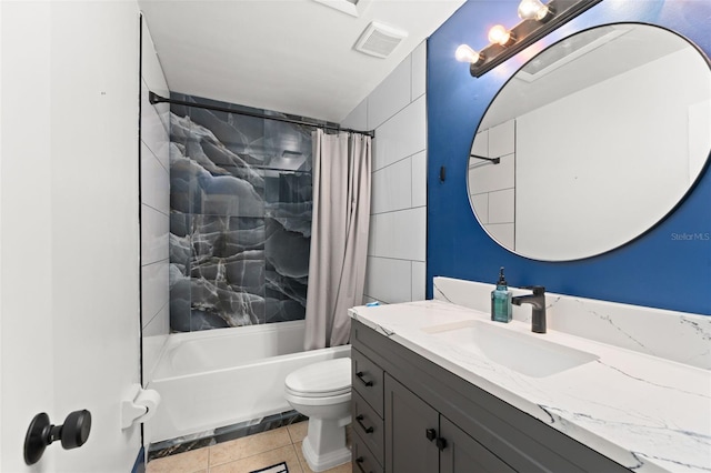 full bathroom with tile patterned floors, visible vents, shower / bathtub combination with curtain, toilet, and vanity