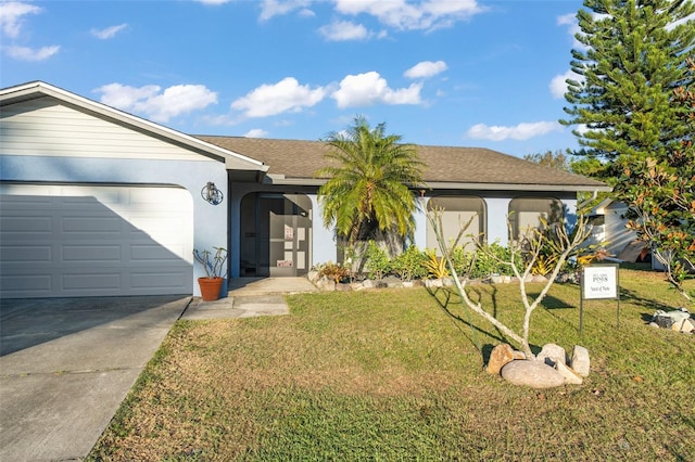 ranch-style home with a shingled roof, a front yard, stucco siding, a garage, and driveway