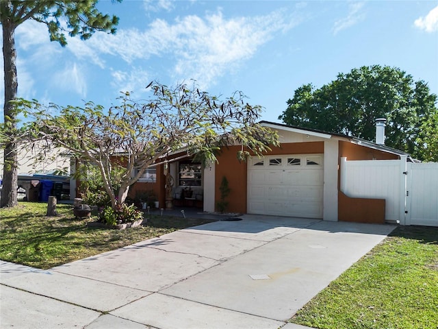 view of front of home featuring stucco siding, an attached garage, concrete driveway, and a gate