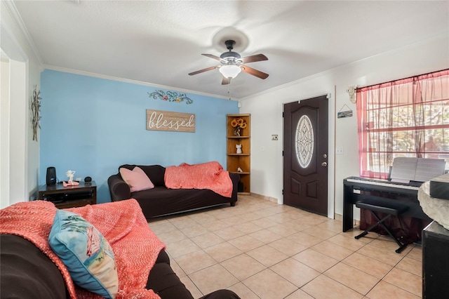 living area featuring light tile patterned flooring, ceiling fan, and ornamental molding