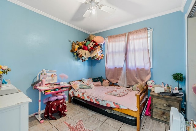 bedroom with light tile patterned floors, ornamental molding, and a ceiling fan