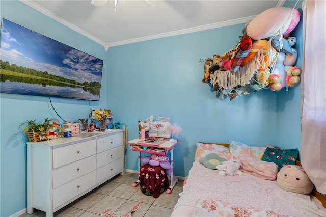 bedroom with light tile patterned flooring, a ceiling fan, baseboards, and ornamental molding