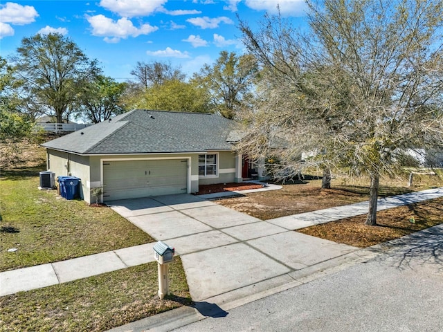 ranch-style house featuring stucco siding, roof with shingles, concrete driveway, a front yard, and a garage