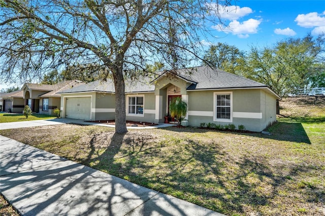 ranch-style house with stucco siding, driveway, roof with shingles, a front yard, and an attached garage