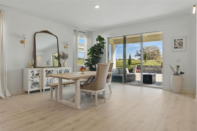 dining area featuring baseboards and light wood-style flooring