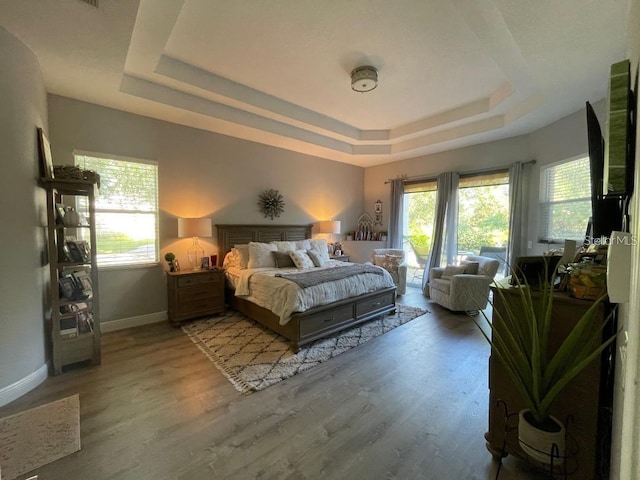 bedroom with a tray ceiling, multiple windows, and light wood-style floors