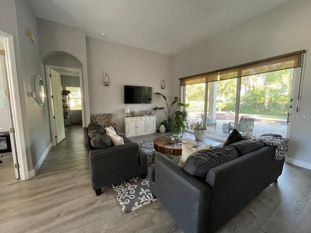 living room with light wood-type flooring and baseboards