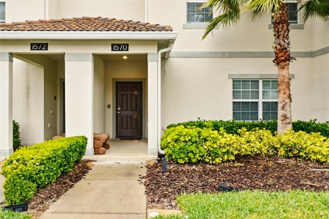 entrance to property featuring stucco siding and a tile roof