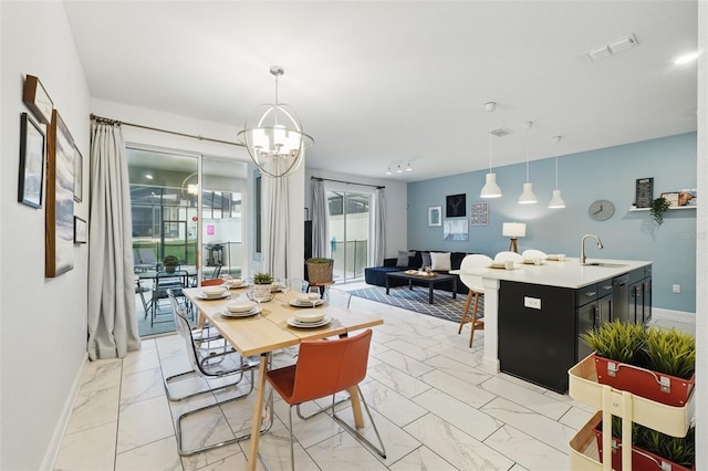 dining room with visible vents, marble finish floor, and baseboards