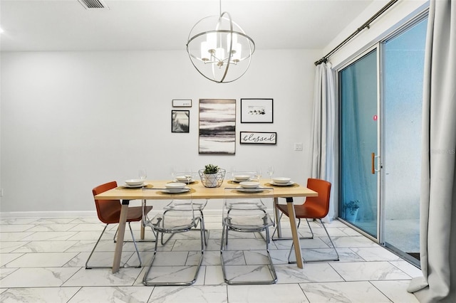 dining space with visible vents, baseboards, a notable chandelier, and marble finish floor